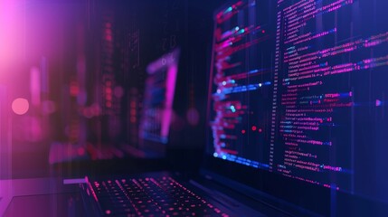 Technology of Software development, web design, programming concept. Program code on screen laptop, phone, code of program, data, interface elements on screen laptop. Software development Tech Banner
