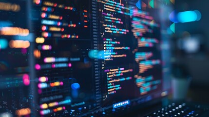 Technology of Software development, web design, programming concept. Program code on screen laptop, phone, code of program, data, interface elements on screen laptop. Software development Tech Banner