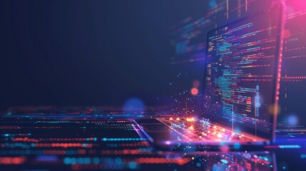 Technology of Software development, web design, programming concept. Program code on screen laptop, phone, code of program, data, interface elements on screen laptop. Software development Tech Banner
