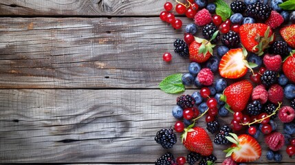 Wall Mural - Various types of berries are displayed on the table, showcasing the vibrant colors of natures bounty. These seedless fruits are packed with nutrients and make a delicious addition to any dish AIG50