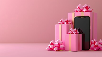 Gift boxes with smartphone. 3d vector illustration