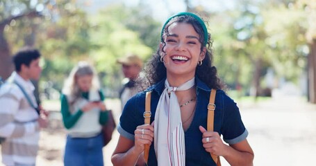 Canvas Print - College, smile and face of woman on campus with backpack for education, learning or knowledge. Future, portrait and happy student for fashion scholarship, studying or academic growth at university