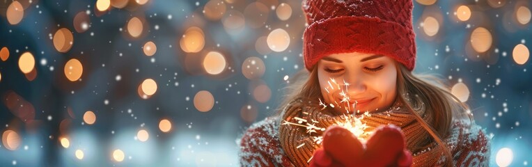 Wall Mural - New Year's Eve Celebration: Happy Woman with Sparkler and Scandinavian Gloves on Golden Bokeh Background