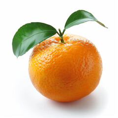 Wall Mural - A vibrant and fresh orange fruit with two green leaves attached, isolated on a white background.