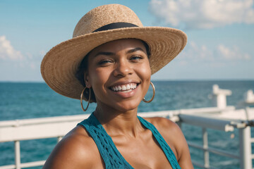 Face of happy African American woman wearing a straw hat and earrings is smiling at the camera. She is standing on a pier by the ocean