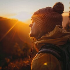 A woman in a cap and eyewear is happily looking at the sunset in nature, with the sun shining bright in the sky, creating a beautiful landscape AIG50
