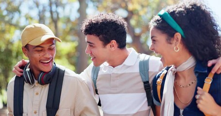 Canvas Print - Friends, laughing and walking together on campus, support and ready for learning at college. People, students and speaking for back to school, scholarship and communication for education academy