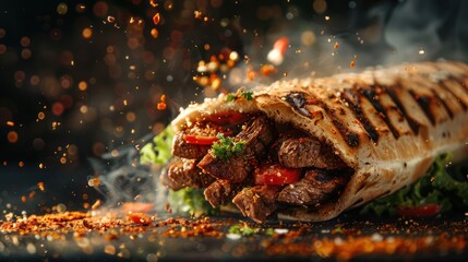 Wall Mural - Hot and Fresh Grilled Shawarma Sandwich with Flying Ingredients and Spices - Ready to Serve and Eat - Commercial Food Advertisement