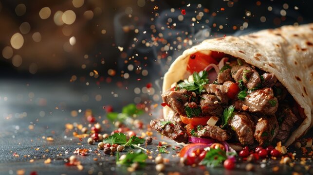 Hot and Fresh Grilled Shawarma Sandwich with Flying Ingredients and Spices - Ready to Serve and Eat - Commercial Food Advertisement