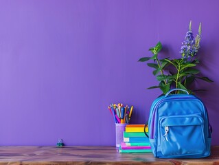 Wall Mural - Backpack with school stationery on wooden table against color background, space for text. AI generated illustration