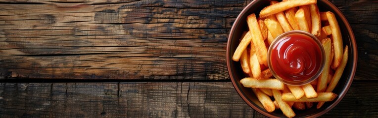 Square French Fries with Ketchup on Wooden Table - Fast Food Photography Background