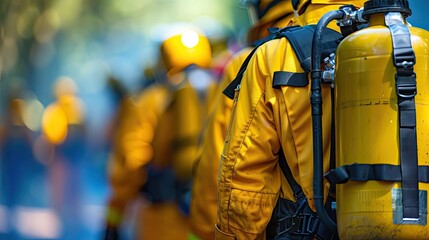 A group of firefighters in yellow jackets and backpacks