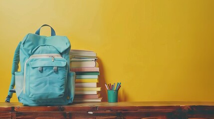 Wall Mural - Backpack with school stationery on wooden table against yellow background, space for text. AI generated illustration
