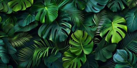 Lush tropical leaves background. A vibrant greenery backdrop with different types of tropical leaves. Ideal for design, marketing, and nature-focused projects.