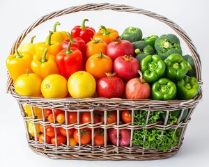 A basket full of fruits and vegetables including apples, oranges, and broccoli