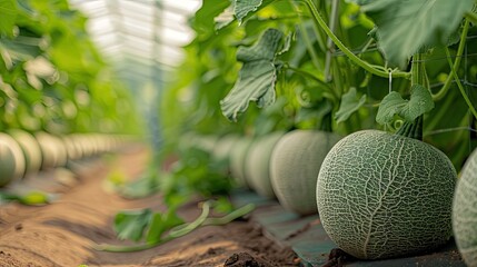 Wall Mural - A bunch of green melons are growing in a greenhouse. Concept of growth and abundance, as the melons are thriving in their environment