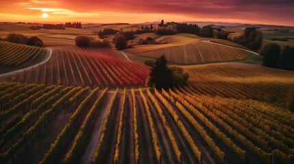 Wall Mural - Aerial view of sunset over agricultural fields in the countryside in Poland
