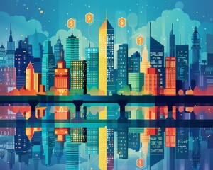 Wall Mural - A city skyline with a bridge in the middle