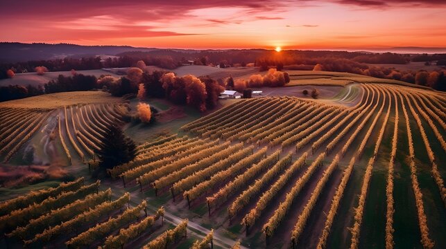Aerial view of a vineyard in the countryside at sunset.