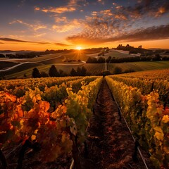 Wall Mural - Beautiful sunset over a vineyard in the South of France.
