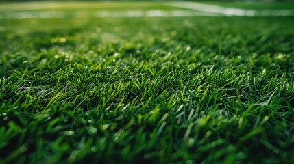 Wall Mural - A field of green grass with a white line in the middle. The grass is lush and vibrant, and the white line adds a sense of structure to the scene