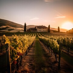 Wall Mural - Vineyards in Tuscany, Italy. Rural landscape at sunset.