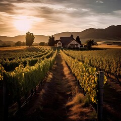 Wall Mural - Vineyards in the south of France at sunset in autumn.