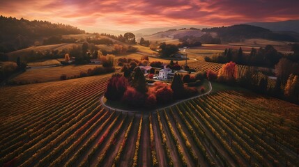 Aerial view of a sunset over a vineyard in the countryside