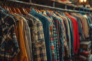 Sticker - A rack of clothes with a yellow shirt hanging from the left side. The clothes are mostly plaid and blue