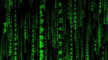 Matrix background, neon digital rain on monitor,Glowing digits and alphabet of matrix code falling.
