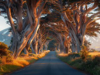 Canvas Print - Enchanting Tree Lined Road at Sunset Captivating Scene of Arched Trees and Golden Light on a Serene Pathway through Nature