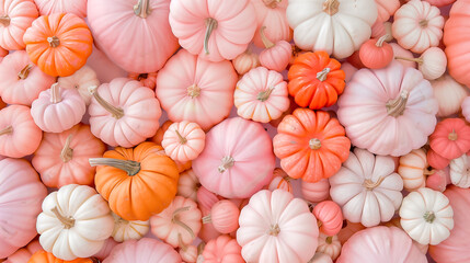 Photorealistic background of pink and light colored pumpkins, concept of seasonality, farming and harvest, unusual pink pumpkins