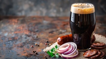 Wall Mural - Glass of dark beer, sausages and sliced onion with copy space for text