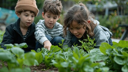 Three children engaged in gardening, closely examining plants and enjoying hands-on learning about nature and cultivation.