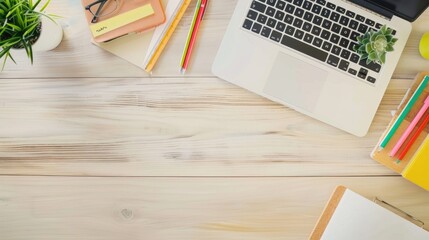 Wall Mural - A rectangular wooden desk with a laptop, notebooks, pencils, and a potted plant. The flooring has a grass pattern, giving a natural and artistic touch to the space AIG50