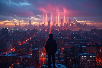 Canvas Print - Man Standing on a Hilltop Overlooking a Cityscape With Pink Lights in the Sky