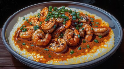 Wall Mural - Savory Southern Shrimp and Grits Dish with Rich Tomato Sauce and Fresh Chives in a Rustic Ceramic Bowl