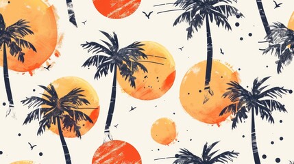 Wall Mural - A seamless pattern of palm trees and suns in electric blue on a white background. This artistic design showcases symmetry and creative arts AIG50