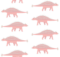 Wall Mural - Vector seamless pattern of flat hand drawn pink ankylosaur dinosaur isolated on white background