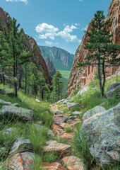 Sticker - Stunning Rocky Valley Landscape with Pine Trees in Summer, Deep Canyon, Clear Blue Sky, Perfect for Trekking, Hiking, Nature Photography