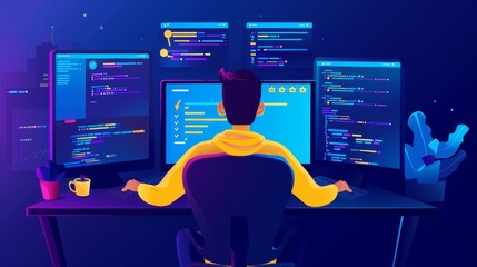 web development. programming languages. css, html, it, ui. programmer cartoon character developing w