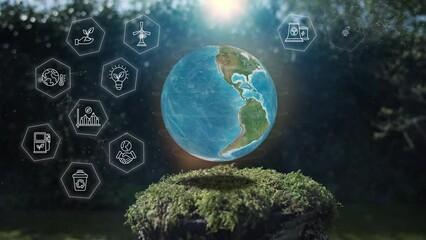 Wall Mural - earth global ecological green energy icons hexagon concept mos on tree stump nature background