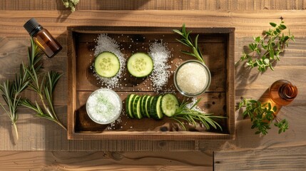 Wall Mural - A wooden tray showcasing bowls of lemons, cucumbers, salt, and essential oils, perfect for adding flavor and freshness to dishes. A display of colorful produce and ingredients for a delicious recipe