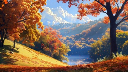 Sticker - Trees and hills create a picturesque scene on a fall day