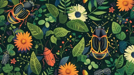 Sticker - A delightful seamless forest pattern featuring beetles branches and flowers