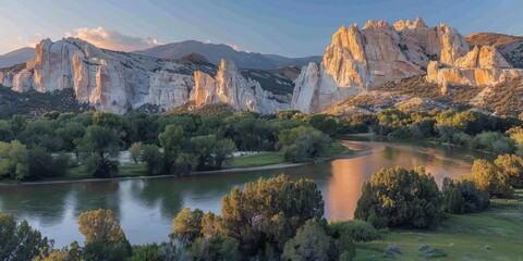 Wall Mural - Scenic view of rugged rock formations surrounded by lush greenery and calm waters, set against a backdrop of mountains during sunset
