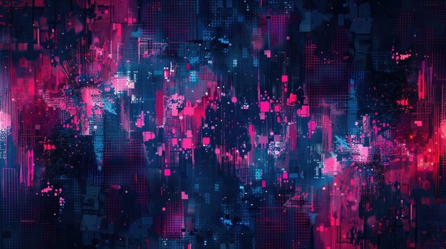 Irregular abstract pixelated design with dark blue and vibrant neon colors Modern techno themed artwork for websites presentations and advertising projects