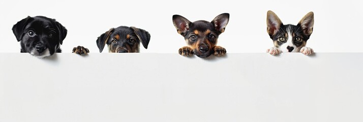 Wall Mural - Cute dog and cat peeping with plain background.