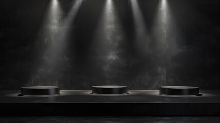 Wall Mural - Black stage with spotlit podiums for cosmetic products display on dark background Perfect for showcasing products and designs