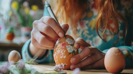 Wall Mural - kid paint drawing easter eggs at home on desk